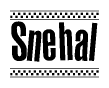 The clipart image displays the text Snehal in a bold, stylized font. It is enclosed in a rectangular border with a checkerboard pattern running below and above the text, similar to a finish line in racing. 