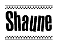 The clipart image displays the text Shaune in a bold, stylized font. It is enclosed in a rectangular border with a checkerboard pattern running below and above the text, similar to a finish line in racing. 