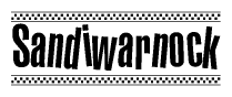 The image contains the text Sandiwarnock in a bold, stylized font, with a checkered flag pattern bordering the top and bottom of the text.