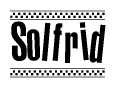 The image contains the text Solfrid in a bold, stylized font, with a checkered flag pattern bordering the top and bottom of the text.
