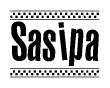 The clipart image displays the text Sasipa in a bold, stylized font. It is enclosed in a rectangular border with a checkerboard pattern running below and above the text, similar to a finish line in racing. 
