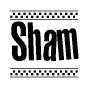 The image is a black and white clipart of the text Sham in a bold, italicized font. The text is bordered by a dotted line on the top and bottom, and there are checkered flags positioned at both ends of the text, usually associated with racing or finishing lines.