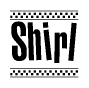 The clipart image displays the text Shirl in a bold, stylized font. It is enclosed in a rectangular border with a checkerboard pattern running below and above the text, similar to a finish line in racing. 