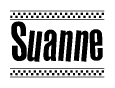 The image contains the text Suanne in a bold, stylized font, with a checkered flag pattern bordering the top and bottom of the text.