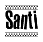 The image contains the text Santi in a bold, stylized font, with a checkered flag pattern bordering the top and bottom of the text.