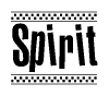 The image is a black and white clipart of the text Spirit in a bold, italicized font. The text is bordered by a dotted line on the top and bottom, and there are checkered flags positioned at both ends of the text, usually associated with racing or finishing lines.