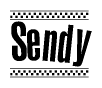 The image contains the text Sendy in a bold, stylized font, with a checkered flag pattern bordering the top and bottom of the text.