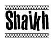 The image contains the text Shaikh in a bold, stylized font, with a checkered flag pattern bordering the top and bottom of the text.