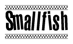 The image contains the text Smallfish in a bold, stylized font, with a checkered flag pattern bordering the top and bottom of the text.