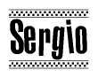 The image contains the text Sergio in a bold, stylized font, with a checkered flag pattern bordering the top and bottom of the text.