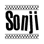 The image contains the text Sonji in a bold, stylized font, with a checkered flag pattern bordering the top and bottom of the text.