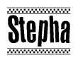 The image contains the text Stepha in a bold, stylized font, with a checkered flag pattern bordering the top and bottom of the text.