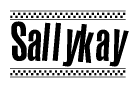 The image contains the text Sallykay in a bold, stylized font, with a checkered flag pattern bordering the top and bottom of the text.
