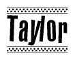 The image contains the text Taylor in a bold, stylized font, with a checkered flag pattern bordering the top and bottom of the text.