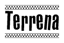 The image contains the text Terrena in a bold, stylized font, with a checkered flag pattern bordering the top and bottom of the text.