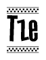 The image is a black and white clipart of the text Tze in a bold, italicized font. The text is bordered by a dotted line on the top and bottom, and there are checkered flags positioned at both ends of the text, usually associated with racing or finishing lines.