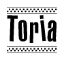 The image contains the text Toria in a bold, stylized font, with a checkered flag pattern bordering the top and bottom of the text.