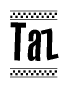 The clipart image displays the text Taz in a bold, stylized font. It is enclosed in a rectangular border with a checkerboard pattern running below and above the text, similar to a finish line in racing. 