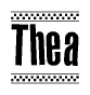 The image is a black and white clipart of the text Thea in a bold, italicized font. The text is bordered by a dotted line on the top and bottom, and there are checkered flags positioned at both ends of the text, usually associated with racing or finishing lines.