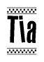 The image is a black and white clipart of the text Tia in a bold, italicized font. The text is bordered by a dotted line on the top and bottom, and there are checkered flags positioned at both ends of the text, usually associated with racing or finishing lines.
