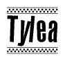 The image is a black and white clipart of the text Tylea in a bold, italicized font. The text is bordered by a dotted line on the top and bottom, and there are checkered flags positioned at both ends of the text, usually associated with racing or finishing lines.