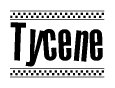 The image is a black and white clipart of the text Tycene in a bold, italicized font. The text is bordered by a dotted line on the top and bottom, and there are checkered flags positioned at both ends of the text, usually associated with racing or finishing lines.