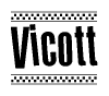 The image contains the text Vicott in a bold, stylized font, with a checkered flag pattern bordering the top and bottom of the text.
