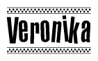 The image is a black and white clipart of the text Veronika in a bold, italicized font. The text is bordered by a dotted line on the top and bottom, and there are checkered flags positioned at both ends of the text, usually associated with racing or finishing lines.
