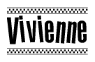 The image is a black and white clipart of the text Vivienne in a bold, italicized font. The text is bordered by a dotted line on the top and bottom, and there are checkered flags positioned at both ends of the text, usually associated with racing or finishing lines.