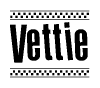 The image is a black and white clipart of the text Vettie in a bold, italicized font. The text is bordered by a dotted line on the top and bottom, and there are checkered flags positioned at both ends of the text, usually associated with racing or finishing lines.