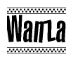 The image is a black and white clipart of the text Wanza in a bold, italicized font. The text is bordered by a dotted line on the top and bottom, and there are checkered flags positioned at both ends of the text, usually associated with racing or finishing lines.