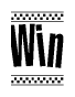 The image is a black and white clipart of the text Win in a bold, italicized font. The text is bordered by a dotted line on the top and bottom, and there are checkered flags positioned at both ends of the text, usually associated with racing or finishing lines.