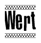 The image is a black and white clipart of the text Wert in a bold, italicized font. The text is bordered by a dotted line on the top and bottom, and there are checkered flags positioned at both ends of the text, usually associated with racing or finishing lines.