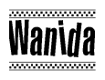 The image is a black and white clipart of the text Wanida in a bold, italicized font. The text is bordered by a dotted line on the top and bottom, and there are checkered flags positioned at both ends of the text, usually associated with racing or finishing lines.