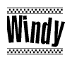 The image is a black and white clipart of the text Windy in a bold, italicized font. The text is bordered by a dotted line on the top and bottom, and there are checkered flags positioned at both ends of the text, usually associated with racing or finishing lines.