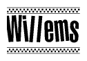 The image contains the text Willems in a bold, stylized font, with a checkered flag pattern bordering the top and bottom of the text.