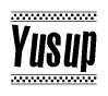 The image is a black and white clipart of the text Yusup in a bold, italicized font. The text is bordered by a dotted line on the top and bottom, and there are checkered flags positioned at both ends of the text, usually associated with racing or finishing lines.