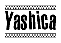 The image is a black and white clipart of the text Yashica in a bold, italicized font. The text is bordered by a dotted line on the top and bottom, and there are checkered flags positioned at both ends of the text, usually associated with racing or finishing lines.