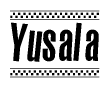 The clipart image displays the text Yusala in a bold, stylized font. It is enclosed in a rectangular border with a checkerboard pattern running below and above the text, similar to a finish line in racing. 