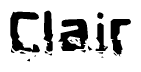 This nametag says Clair, and has a static looking effect at the bottom of the words. The words are in a stylized font.