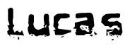 This nametag says Lucas, and has a static looking effect at the bottom of the words. The words are in a stylized font.