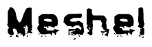 This nametag says Meshel, and has a static looking effect at the bottom of the words. The words are in a stylized font.