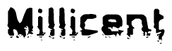 This nametag says Millicent, and has a static looking effect at the bottom of the words. The words are in a stylized font.