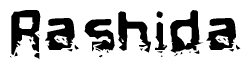 This nametag says Rashida, and has a static looking effect at the bottom of the words. The words are in a stylized font.