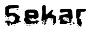 This nametag says Sekar, and has a static looking effect at the bottom of the words. The words are in a stylized font.
