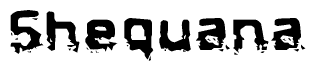 This nametag says Shequana, and has a static looking effect at the bottom of the words. The words are in a stylized font.