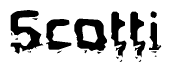   This nametag says Scotti, and has a static looking effect at the bottom of the words. The words are in a stylized font. 