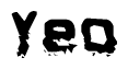 This nametag says Yeo, and has a static looking effect at the bottom of the words. The words are in a stylized font.