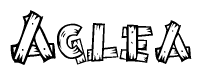 The image contains the name Aglea written in a decorative, stylized font with a hand-drawn appearance. The lines are made up of what appears to be planks of wood, which are nailed together