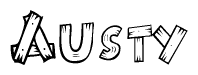 The clipart image shows the name Austy stylized to look as if it has been constructed out of wooden planks or logs. Each letter is designed to resemble pieces of wood.